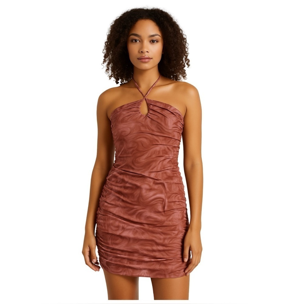Halter Ruched Velvet Swirl Mini Pink Dress Womens Large